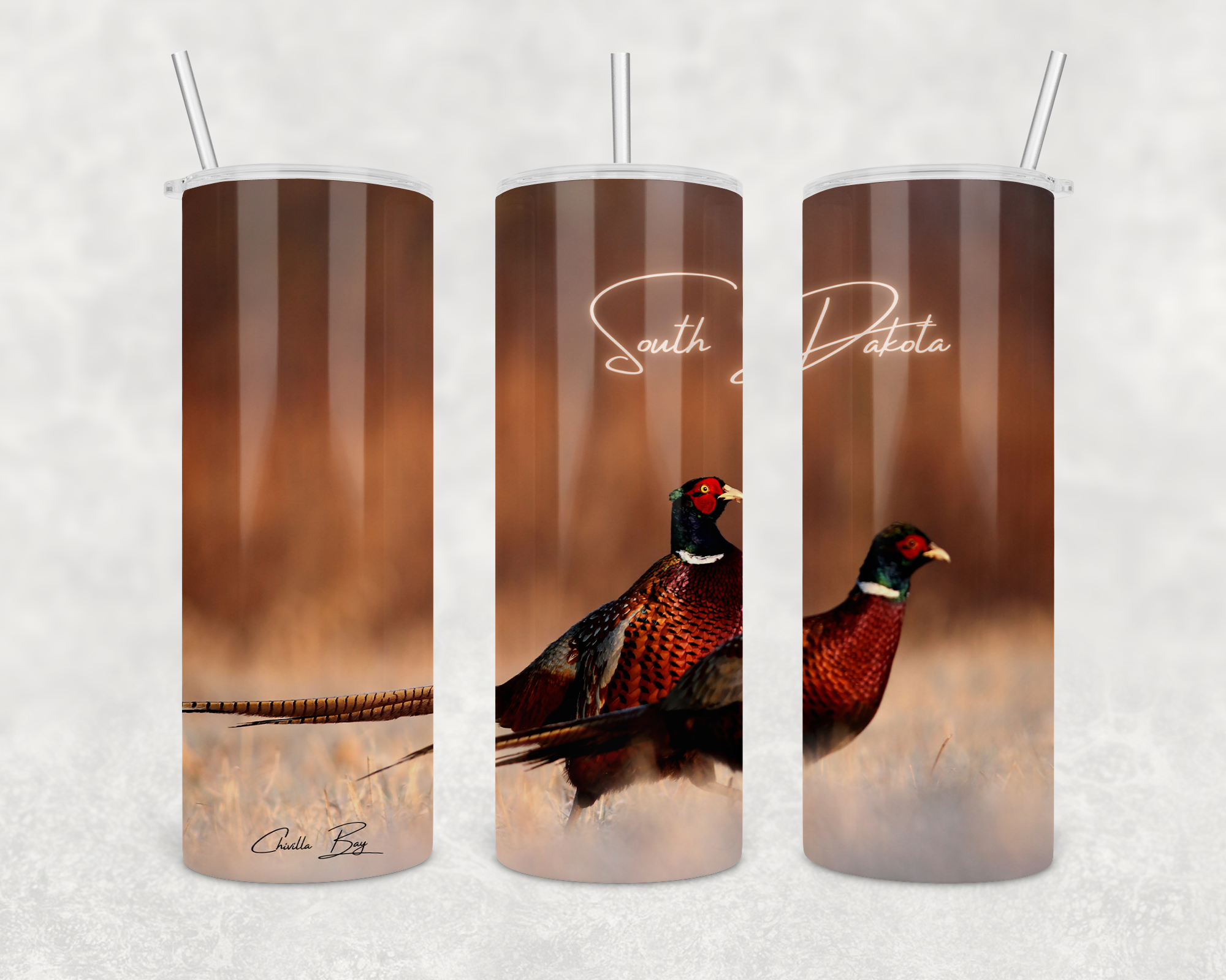South Dakota Pheasant Hunting tumbler 20 oz stainless steel skinny with clear lid and straw