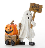 Trick or Treating Ghost with happy halloween wagon and festive jack-o-lantern figurine