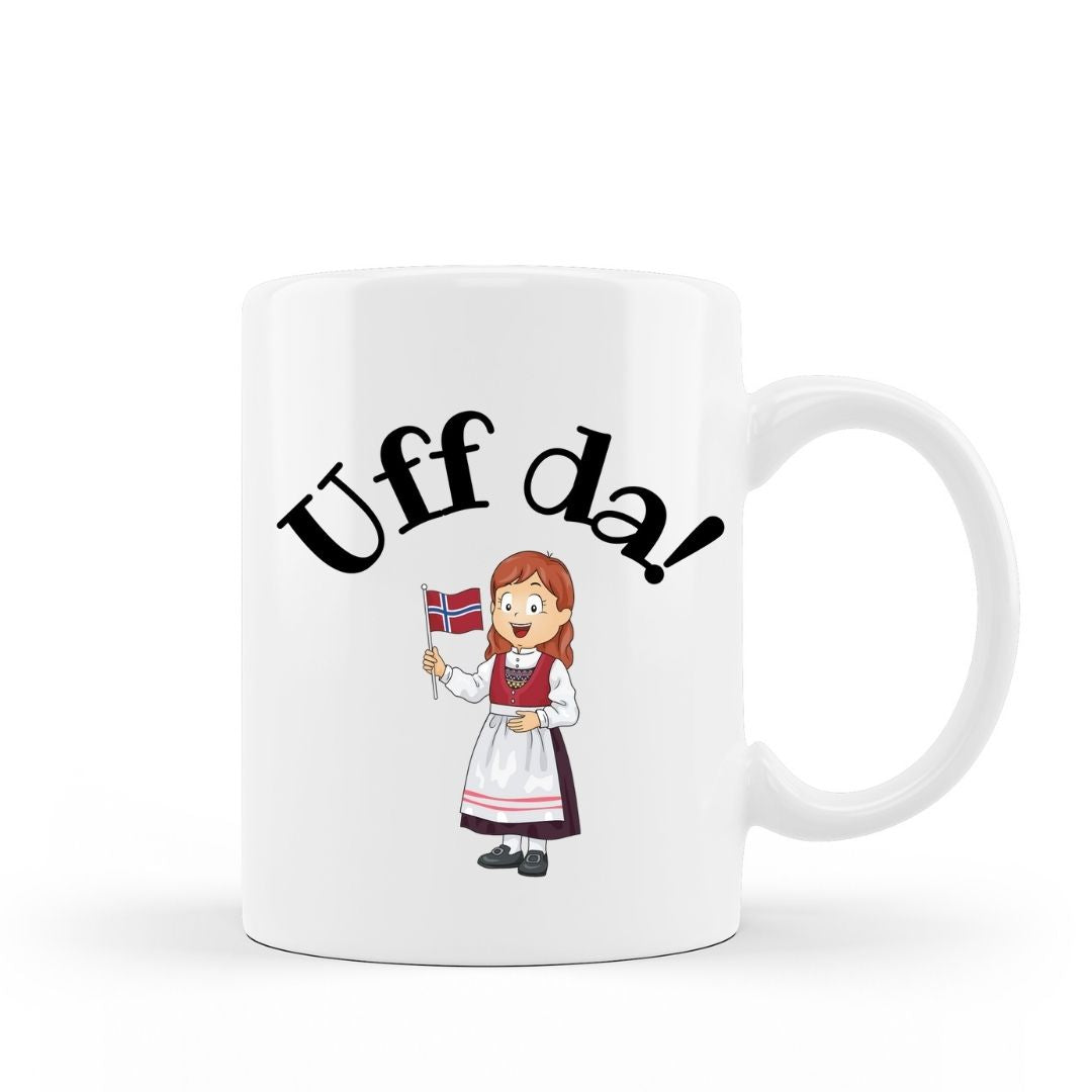 Uff Da! Funny Norwegian coffee mug with norwegian girl design on 15 oz white ceramic hot chocolate cup