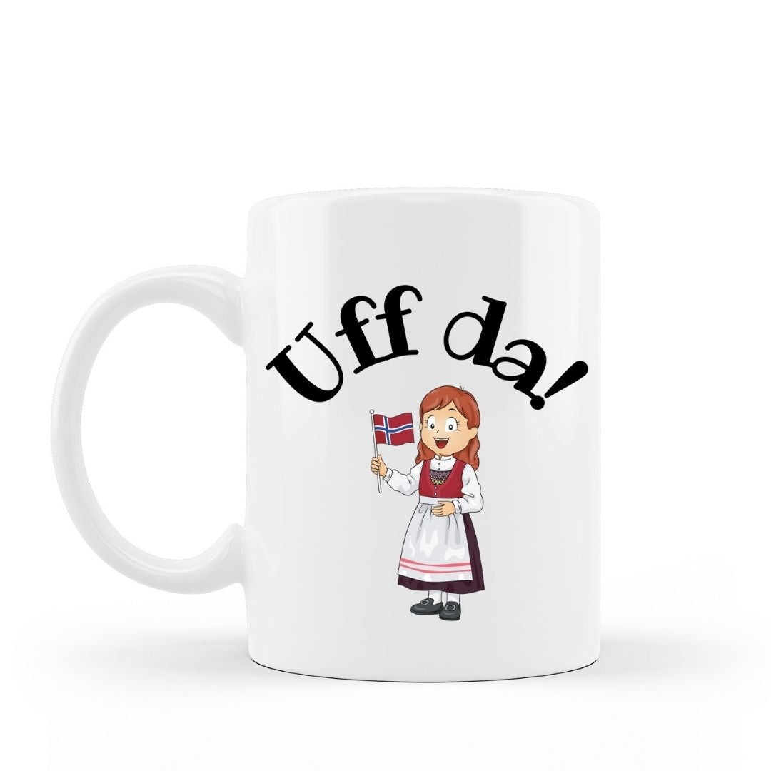 Uff da! Funny norwegian girl with flag coffee mug design on 15 oz white ceramic hot chocolate cup