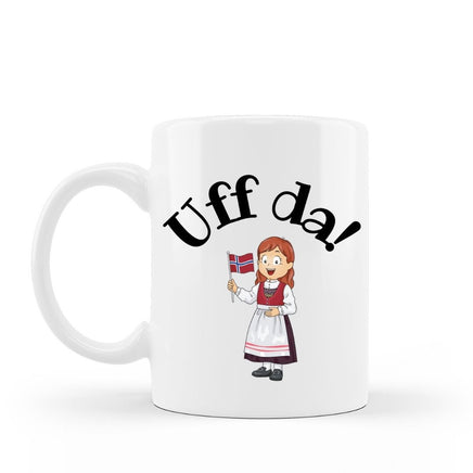 Uff da! Funny norwegian girl with flag coffee mug design on 15 oz white ceramic hot chocolate cup