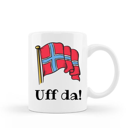 Uff Da! Coffee Mug with Norwegian flag design on 15 oz white ceramic hot chocolate cup