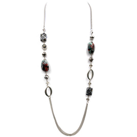 Necklace Silver Black Marble Stone Pattern 18 inch Long