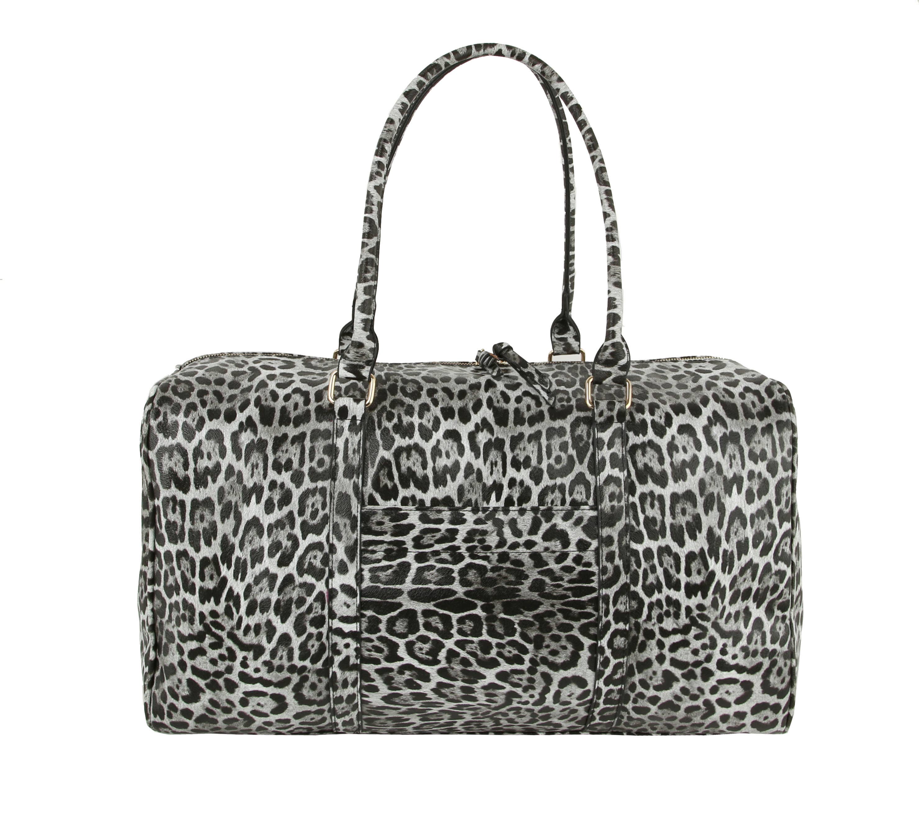 Duffle Bag with faux leather ostrich crocodile print. Detachable shoulder strap, luggage-handle sleeve and zip top closure. 