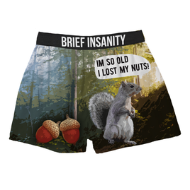 I'm so old I lost my nuts funny boxer shorts by Brief Insanity featuring a funny squirrel searching for his nuts.