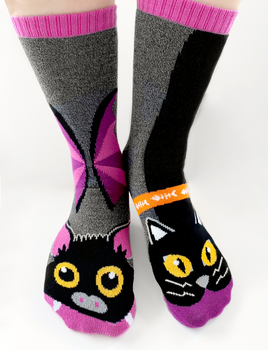 Black Cat and Black Bat Mismatched adult crew socks for Halloween