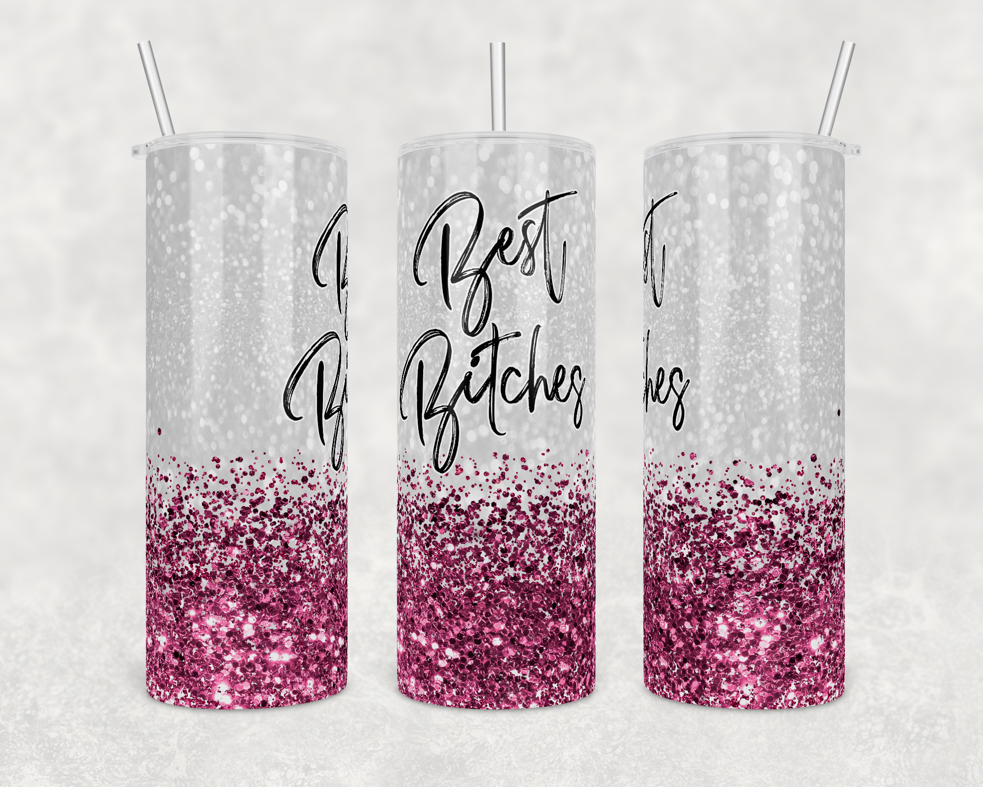 Best Bitches Pink Glitter 20 oz stainless steel skinny coffee water tumbler with lid and straw