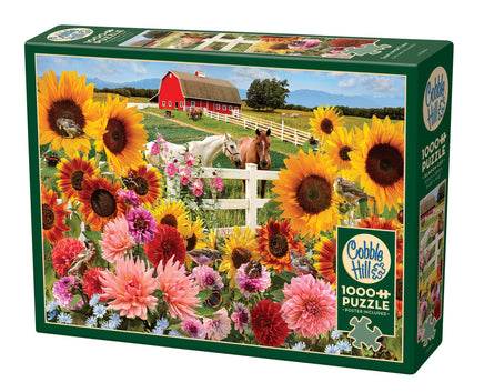 Sunflower farm with horses and a white fence and red barn 1000 piece puzzle by Cobble Hill