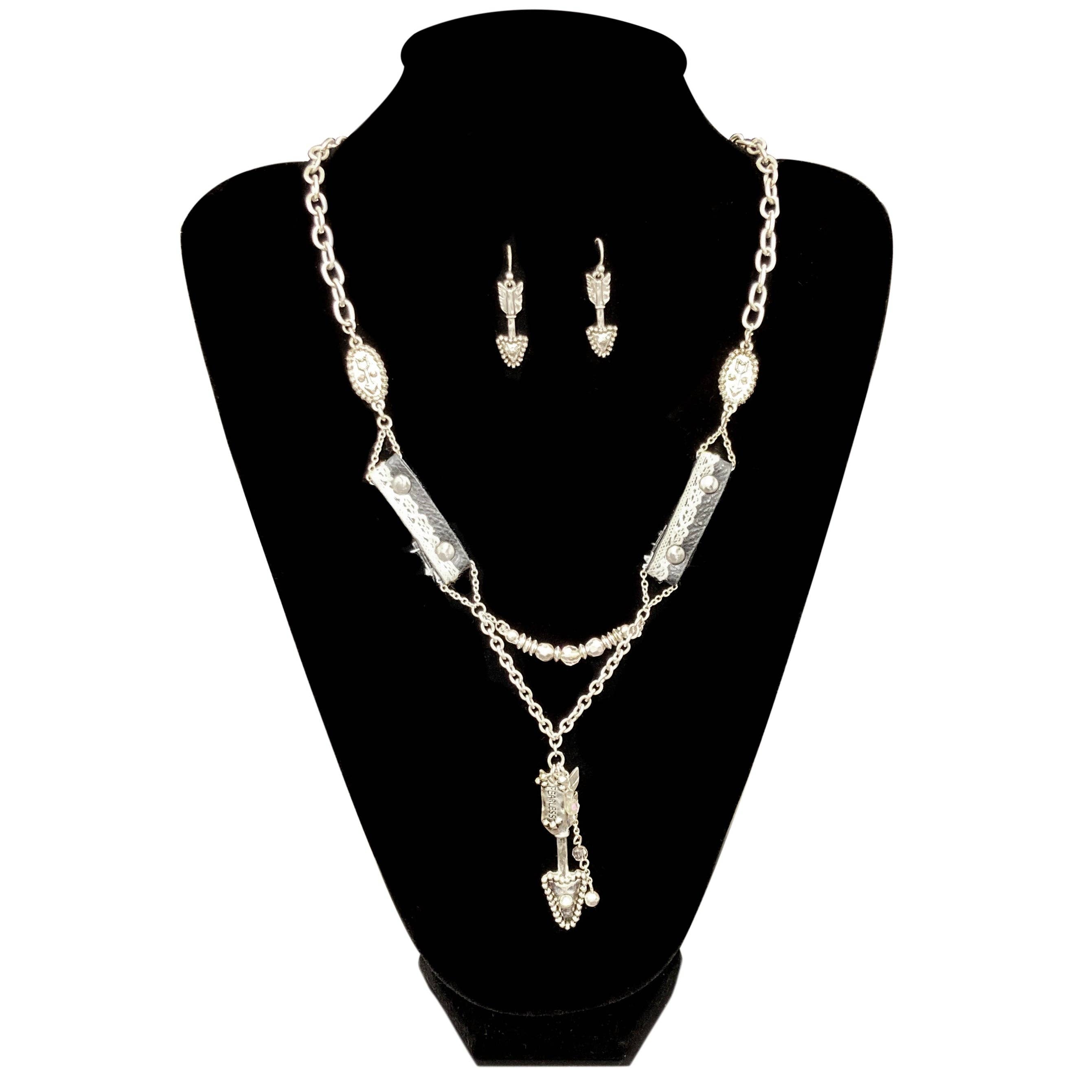 Necklace Set: Arrow Fearless Lace Rustic Long Necklace with Earrings