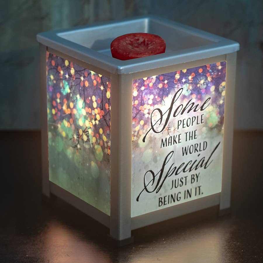 Plug in Candle Wax Warmer with frosted glass lantern look and special message "Some people make the world special just by being in it" on front panel. 
