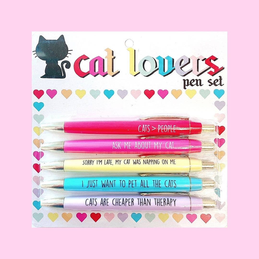 Cat Lovers Pen Set with funny sayings that cat lovers would say including 'ask me about my cat', 'sorry I'm late, my cat was napping on me' and more.