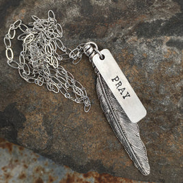 Necklace Pray handstamped Silvertone Wandering Feather 30 inch