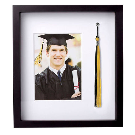 Black graduation photo frame with white border and tassel display, 5x7 photo insert.