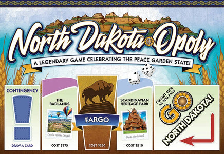 North Dakota Opoly featuring the Peace Garden State attactions and heritage