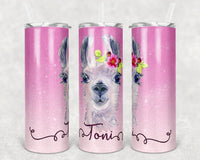 Personalized Pink Glitter Llama 20 ounce stainless steel skinny tumbler with lid and straw