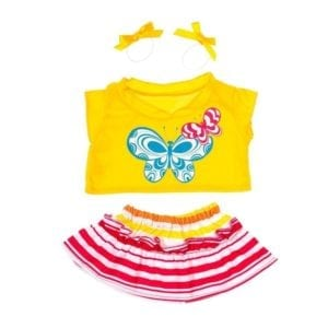 Yellow butterfly top with skirt and hair bows outfit for 16" plush stuffed animal bears and dolls