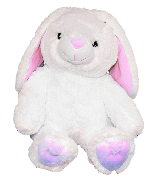 Cottonball the 16-inch white plush bunny with pink ears and plastic eyes, perfect for Easter, available at Chivilla Bay.